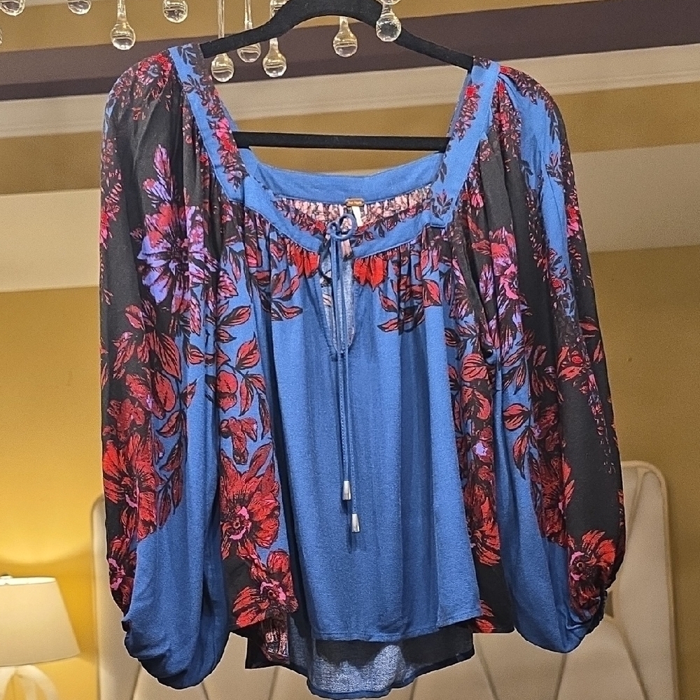 Free People Vibrant Blue and Red Floral Blouse Viscose